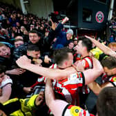Sheffield United's Anel Ahmedhodzic celebrates with the fans after scoring