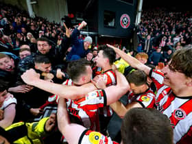 Sheffield United's Anel Ahmedhodzic celebrates with the fans after scoring