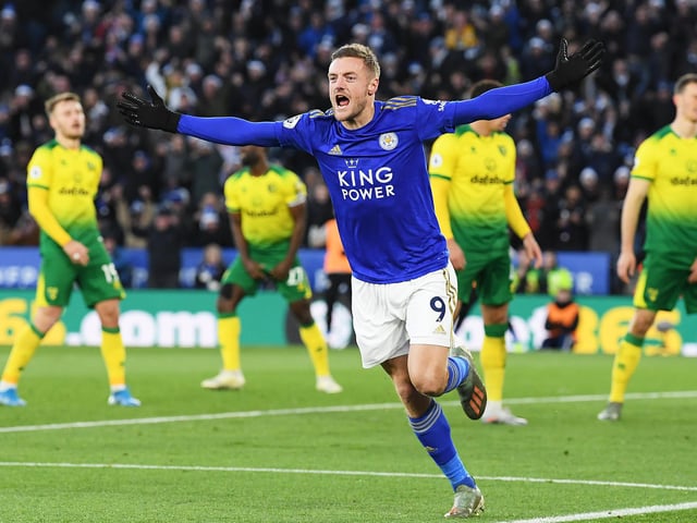 Total shots at goal: 243. Total goals: 19. Highest proportion of team goals: Jamie Vardy (32.8%).