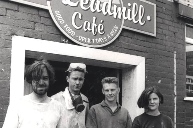 Staff working on the renovation of The Leadmill, outside the Sheffield music venue's cafe. Pictured left to right in August 1989 are Graham Wrench, John Clapham, Mark Dinnin and Liz Ewbank