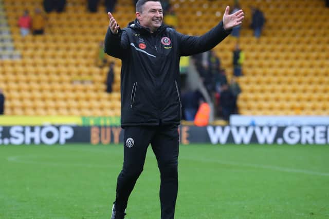 Paul Heckingbottom celebrates Sheffield United's win with the fans: Simon Bellis / Sportimage