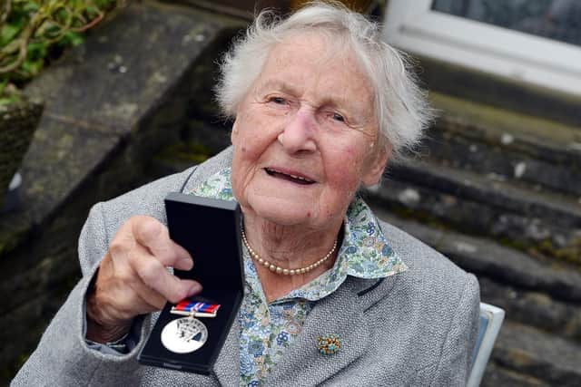 Miss Pamela Norton is a former member of the WRNS presented with a medal. She volunteered and joined the service on her 18th birthday in 1944 and served with the Fleet Air Arm as a signals communications clerk. She served just over two years at RNAS Ayr HMS Wagtail Scotland.