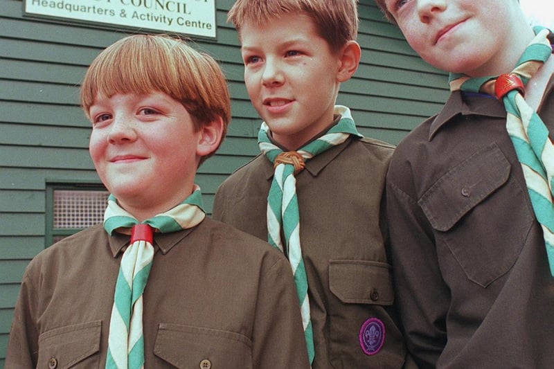 Chris Rydiard, Thomas Telford and Iain Conlon (all 11) of the 5th Dronfield Scouts, pictured outside the new Dronfield  District Scout Council Headquarters after the opening ceremony.