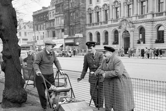 East Princes Street Gardens - Grass given first cut of year by Jimmy Hunt watched by Raymond Collins and taxi driver James Love in 1961