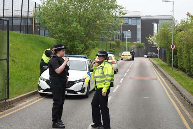 Police outside Birley Academy in Sheffield after an incident involving a ‘sharp object’ in which three people were injured. Photo credit: Dominic Lipinski/PA Wire