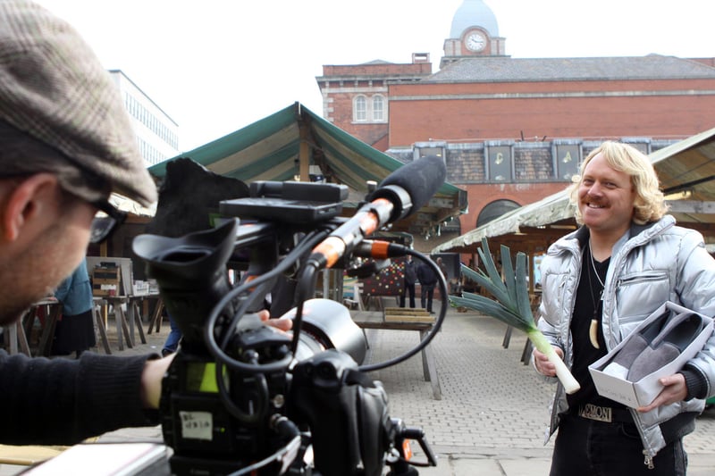 TV comedian Keith Lemon filmed his new show Lemonade in Chesterfield market place in 2012. What was he doing with that leek and a pair of slippers?