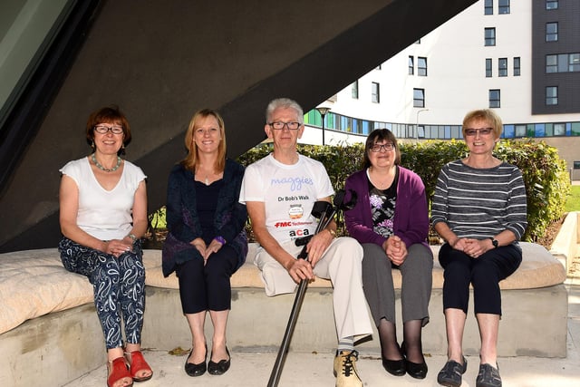 Bob's Walk - Dr Bob Grant hands over £16,000 from his magnificent walk along Fife Coastal Path. Pictured are: Bob and Joan Grant, Alison Harrow, Agnes Fisher, and Irene Ness (Pic: Fife Photo Agency)