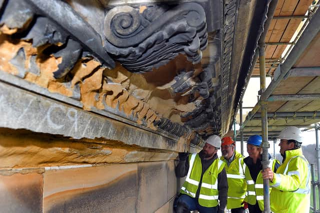 Historic England have given a grant to the Wentworth Woodhouse Preservation Tust, to repair cornice stonework on the roof of the house. This was extra work that was not planned for, but needs to be done before the scaffolding is taken down. Seen looking at the damage (left to right) are: Sean Heritage Stonemason; Andy Stamford, Prject Leader Woodhead Heritage; Sarah McLeod, CEO Wentworth Woodhouse Preservation Trust and Giles , Historic England. 4
