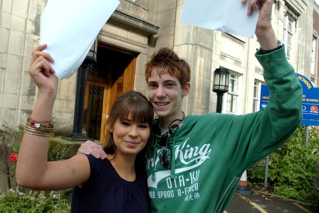 Phoebe Amato-Pace, who got 9 A*s and 2 As, and Ian Wallbridge, who got 2 A*s, 5 As and 4 Bs, at High Storrs School in August 2008