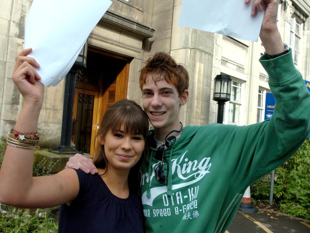 Phoebe Amato-Pace, who got 9 A*s and 2 As, and Ian Wallbridge, who got 2 A*s, 5 As and 4 Bs, at High Storrs School in August 2008