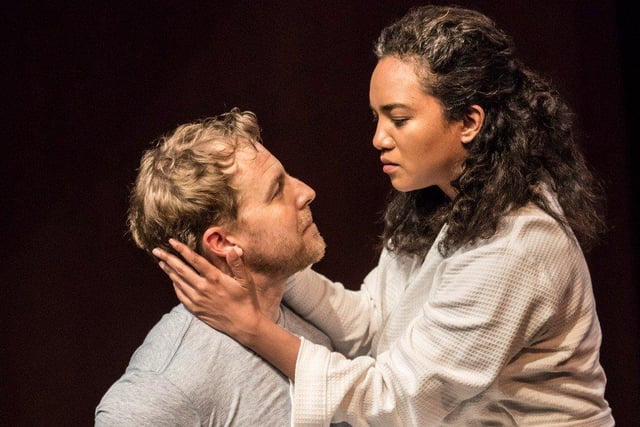 Samuel West as Brutus and Chipo Chung as his wife Portia in a 2017 Crucible production of Shakespeare's Julius Caesar. Samuel is a former artistic director at Sheffield Theatres