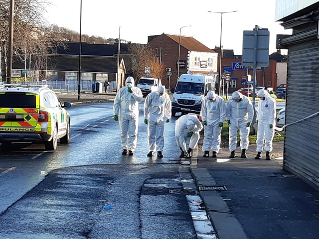Police at the scene of the alleged murder on Wath Road Mexborough today. The alleged shooting happened on January 11