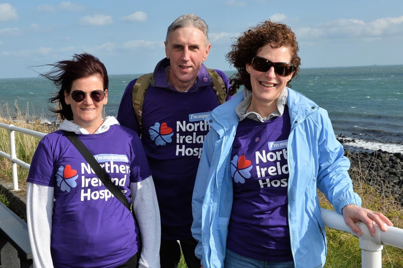 Caroline Gamble, Alan Magill and Alison Jones from Gillaroo Lodge Nursing Home pictured on the 2019 Larne Hospice Walk to Carnfunnock Country Park. INLT 14-009-PSB