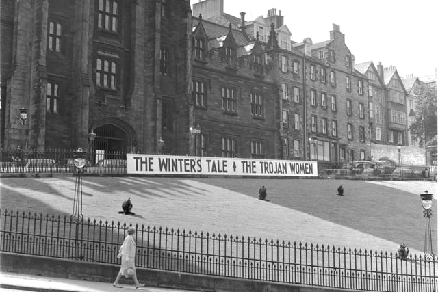Advertising outside the Saltire Society at the Mound for 'The Winter's Tale' and 'The Trojan Women' at the Edinburgh Festival in August 1966.