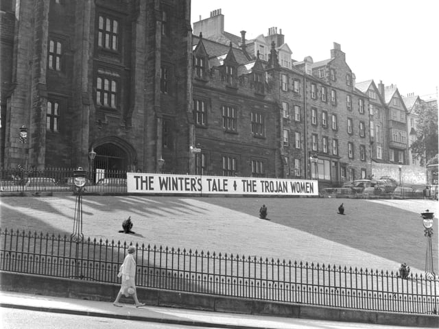 Advertising outside the Saltire Society at the Mound for 'The Winter's Tale' and 'The Trojan Women' at the Edinburgh Festival in August 1966.