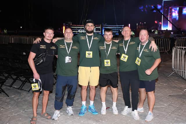 Liam Cameron, Dalton Smith and the Steel City team in Saudi Arabia Pic via Mark Robinson Matchroom Boxing