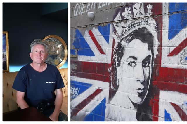 Artist Paul Staveley and the mural of the Queen he has created at Steelyard Kelham in Sheffield