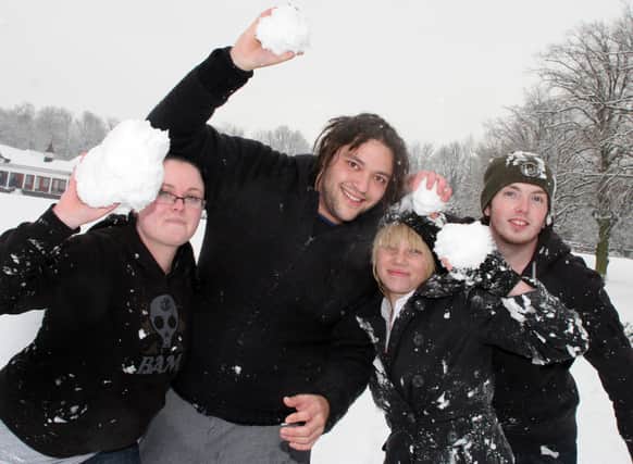 Snowball fight organised on Facebook in Queens Park Chesterfield. Pictured in January 2010 is Scott Semionovas, Tanya Hills, Keighley Penney and Dan Bower