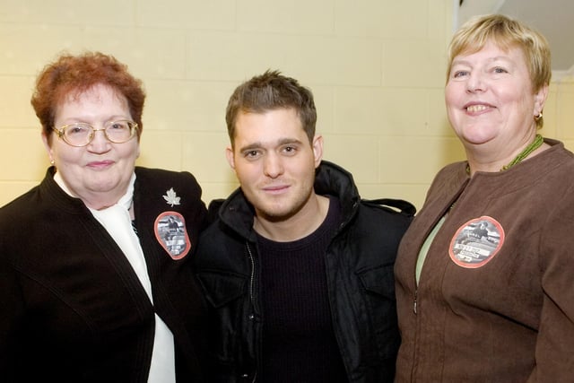 Star meet and greet winner Jill Dallison and pal Jennifer Hudson met Canadian singing star Michael Buble backstage before his concert at Sheffield Arena in November 2007