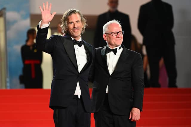 CANNES, FRANCE - MAY 23: Director Brett Morgen and Thierry Fremaux attend the screening of "Moonage Daydream" during the 75th annual Cannes film festival at Palais des Festivals on May 23, 2022 in Cannes, France. (Photo by Joe Maher/Getty Images)
