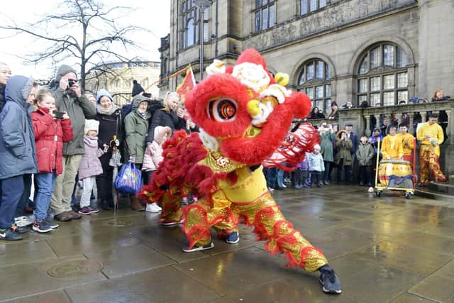 A lion dance, part of Chinese New Year celebrations outside Sheffield Town Hall in 2019