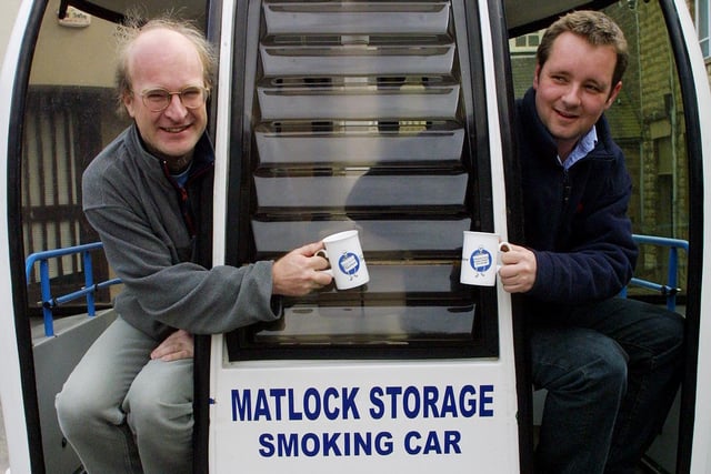 Andy Foster and Director of Matlock Self Storage James Kerr pictured with the cable car they bought on ebay which was used as a canteen for staff in 2006