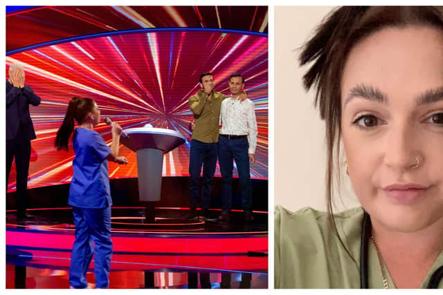 Devon Chapman on I Can See Your Voice, and in her scrubs (pics: Devon Chapman/BBC/Thames/Tom Dymond)
