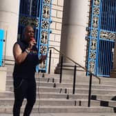 Vicky Lawlor addresses the transgender rally on the steps of Sheffield City Hall. The rally was calling for a ban on conversion therapy on transgender people