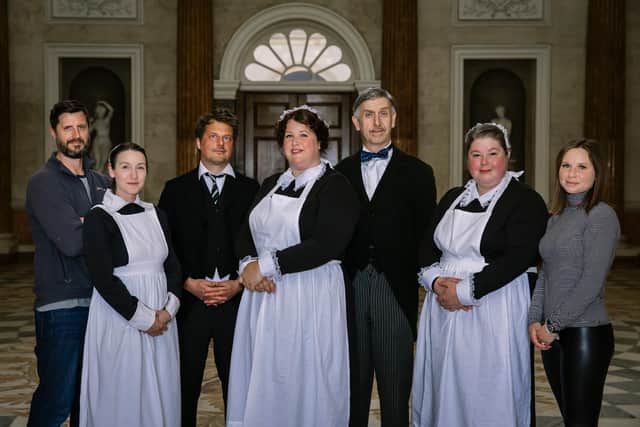 Film-maker Wayne Sables, left, Jennifer Booth of Wentworth Woodhouse, right, and the cast of If Walls Could Talk