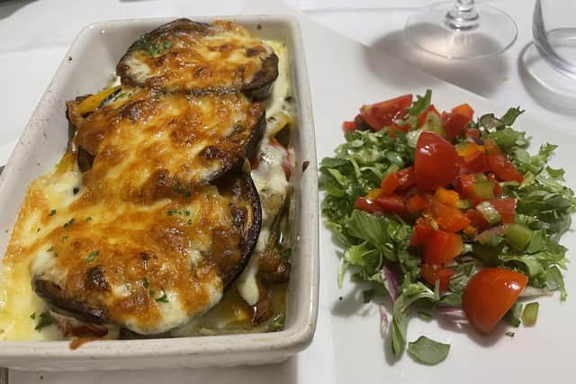 The vegetable moussaka main course at The Mediterranean, Sharrow Vale, Sheffield.