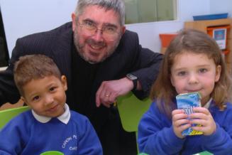 Harvey Finlayson aged three and Joanna McDermott aged four at Edenthorpe school Canon Popham in 2007. Celebrating the completion of a new building.