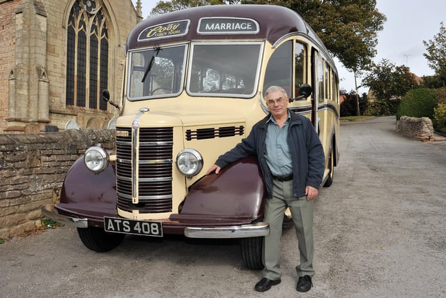 Alan Smalley, along with some friends have set up Cosy Coach Tours, hiring out vintage coaches that they have restored, for weddings and celebrations.  Alan is pictured outside Whitwell church with the vintage bus in 2011