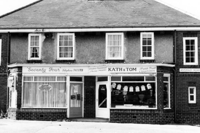Susan ladies and gents hairdresser, also known as Seventy Four, on Annesley Road, Greenhill, Sheffield, beside the greengrocers Kath & Tom, in September 1987.