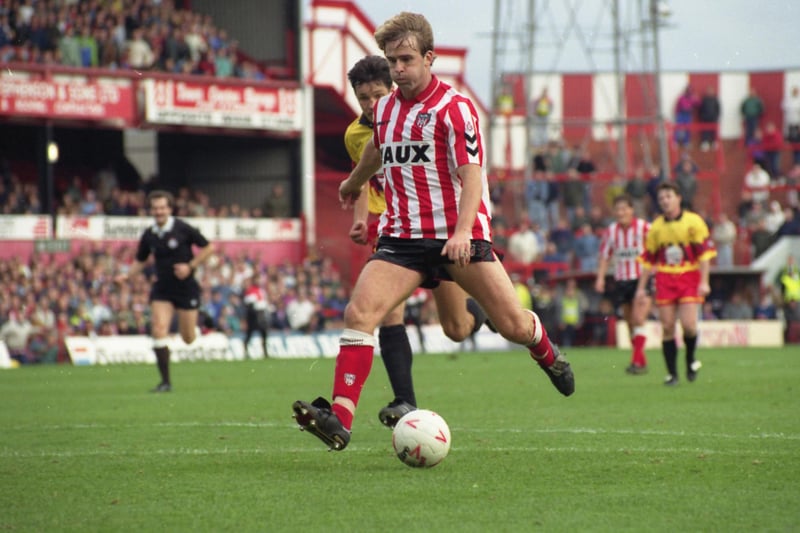Sunderland star John Byrne is pictured in Roker Park action in this game against Watford in 1991.