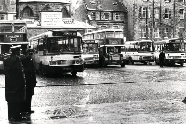 A cold, dreich day at the St Andrew Square bus station, 1982.