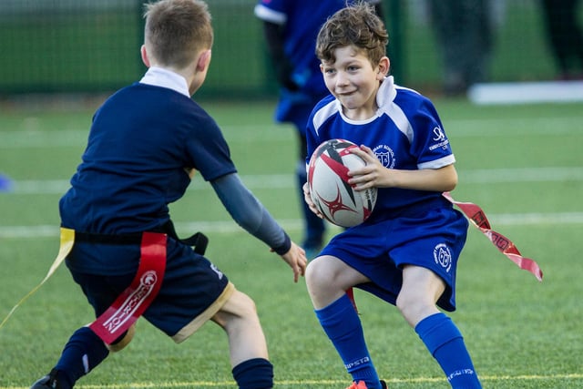 Trinity Primary School's Nathan Anderson in action at Hawick's junior rugby festival last Friday