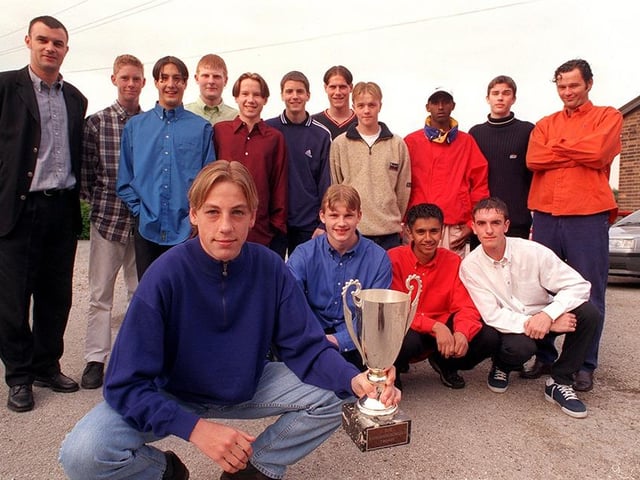 The Sheffield Boys U-15 team, winners of the Yorkshire Trophy, with captain, James Colliver with the trophy, June 1998