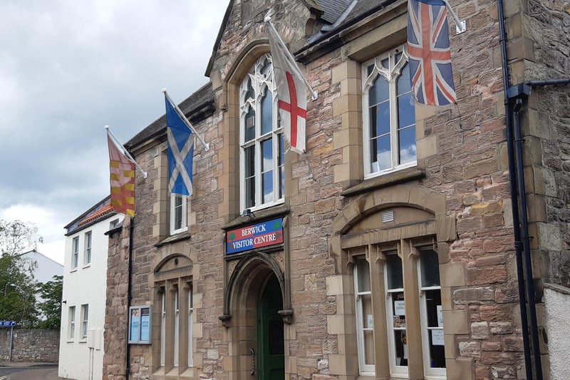 England and Scotland flags flying at Berwick Visitor Centre.