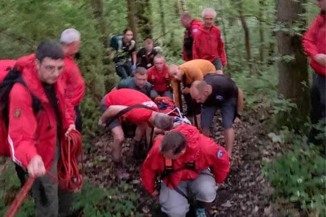Mountain rescue teams were called to free a youngster from a ditch after he was injured in a fall from a bike in Parkin Wood, Chapeltow Sheffield. PIcture: Woodhead Mountain Rescue