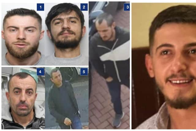 Police are asking for help to identify the men numbered 1 - 5 in the picture collage, in connection with the murder of Fatjon Oruci (right) in Rotherham on New Year's Day 2022. 
The men shown in the picture collage are:
1 - Korab Shahini
2 - Xhelal Kasa
3 - Unknown man 1
4 - Orgest Xhebexhiu
5 - Unknown man 2