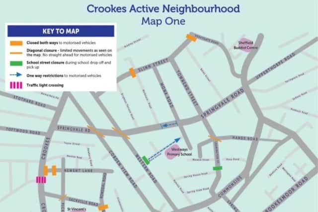 Crookes active travel neighbourhood map showing all the roads and streets affected by Sheffield Council's closures and changes which aim to encourage more cycling and walking instead of car travel.