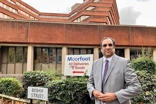 Councillor Shaffaq Mohammed, leader of Sheffield Liberal Democrats, outside the council's Moorfoot offices.