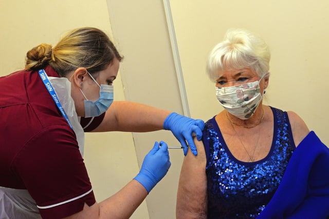 Jeannette Adams, of Bessacarr, is the second patient to recieve the Covid-19 Vaccination in Doncaster. Picture: NDFP-15-12-20-CovidVaccine 5-NMSY