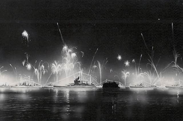 Fireworks display. The fleet lit up for the Coronation fleet review at Spithead in 1953.
