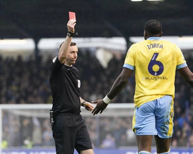 Sheffield Wednesday defender, Dominic Iorfa, receives his second yellow. (Jason Brown)