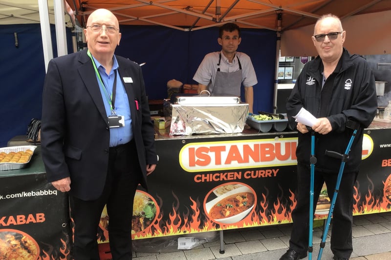 Hucknall councillors John Wilmott and Jim Blagden outside the Istanbul Grill stall