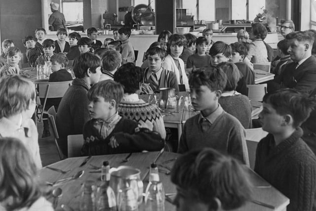 Pupils waiting for their first dinner in the dinin room at Chuter Ede County Secondary School, which opened January 1968. Can you spot anyone you know?