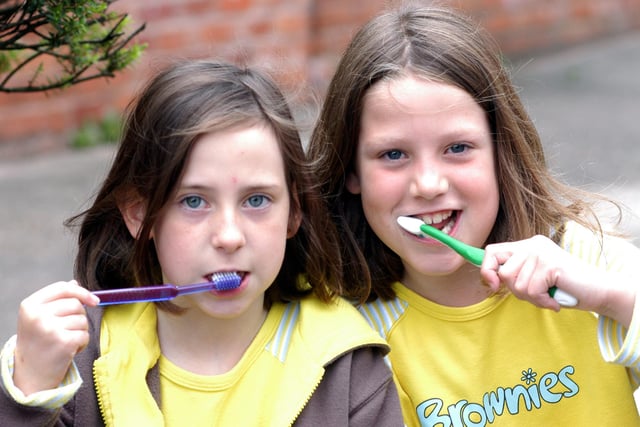 back in 2007 Louise Read and Clarisa Drury members of the 1st Warsop Guides and Brownies got ready for the off in the attempt on the record for the number of people cleaning their teeth at the same time held to raise money for Childline at  the Warsop Parish Centre