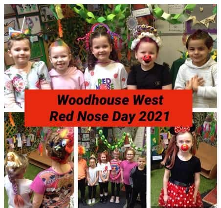 Pupils at Woodhouse West Primary School dressing up for Red Nose Day