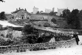 This is Hollins Bridge, Hollins Lane, on the road from Rivelin to the lower end of Stannington in the days before it became a traffic hazard. The pub, of course, is the Holly Bush. Hollins Farm is in the background.  Photo City Library Archives